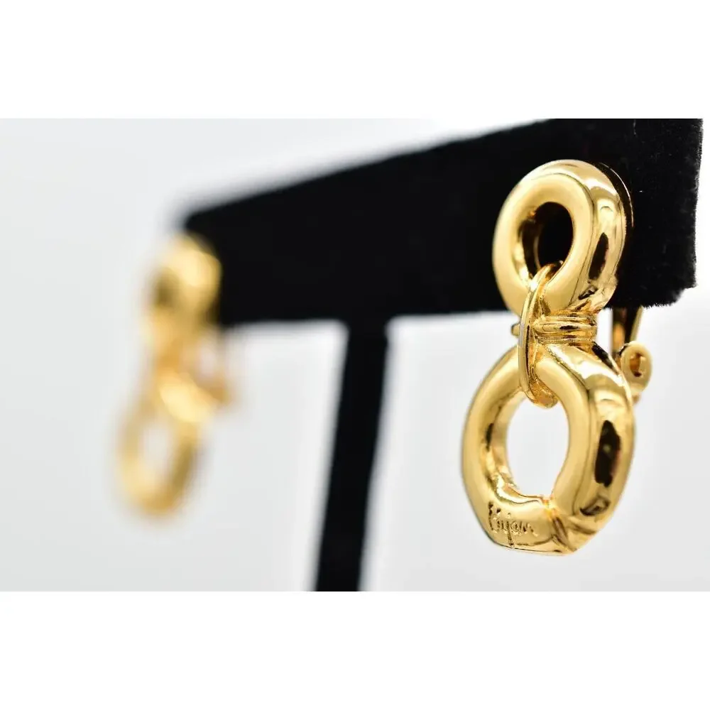 Bijan Vintage Clip On Earrings Chunky Gold Dangle Door Knocker Signed 1980s 9L